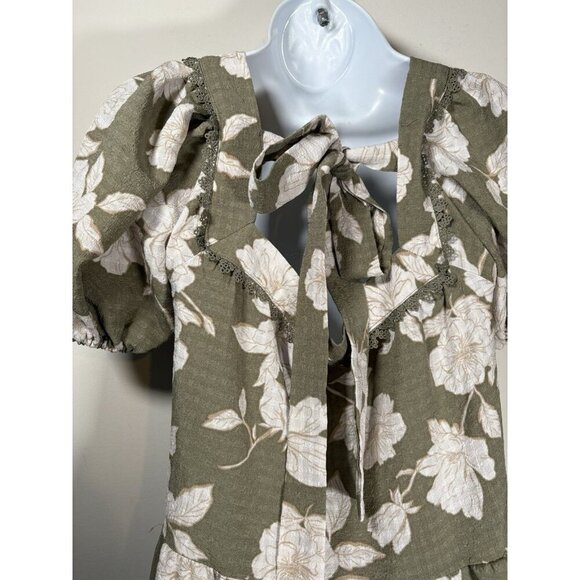 Blu Pepper Square Neck Tiered Baby Doll Green Floral Dress Cottagecore Small - Picture 5 of 7